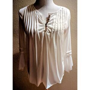 White Pintuck Blouse Ruffle Sleeve Button Front Boho Peasant Top